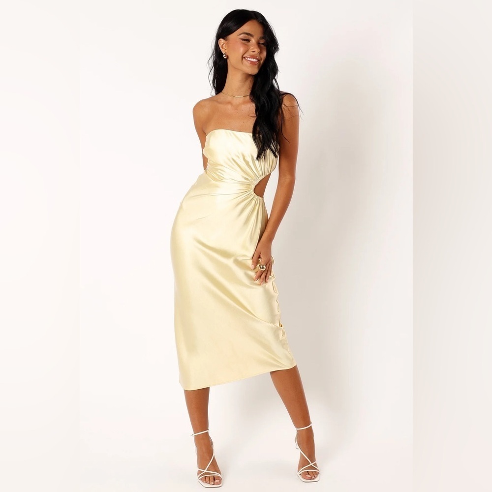 Saraya Midi Dress yellow butter strapless spring wedding elegant cut-out sleek - Picture 2 of 10